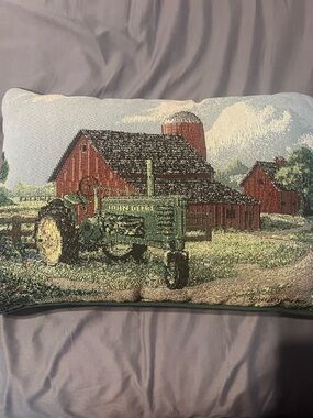 John Deere tractor with red barn, farm agriculture, tapestry throw pillow
